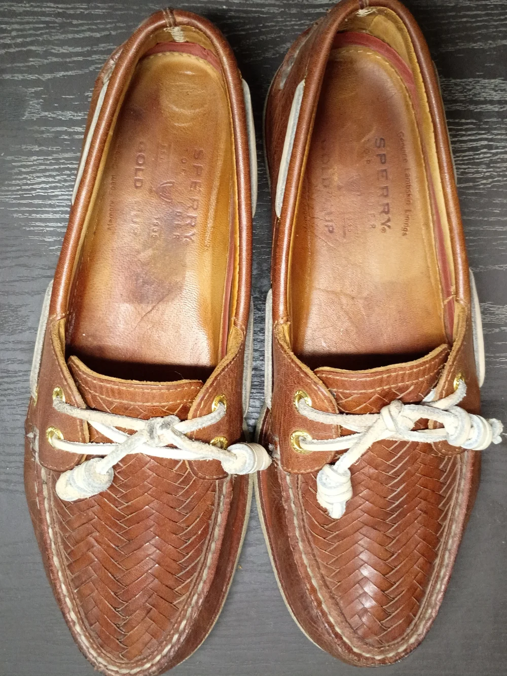 Sperry GOLD CUP Tan Brown Woven Leather Boat Shoes with Cream Trim. 9M